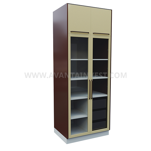 A-105C Glass locker with 2 glass doors, mezzanine, 3 drawers and shelves