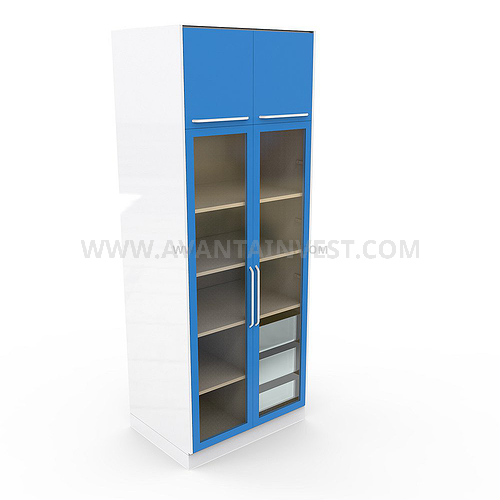 A-105C Glass locker with 2 glass doors, mezzanine, 3 drawers and shelves