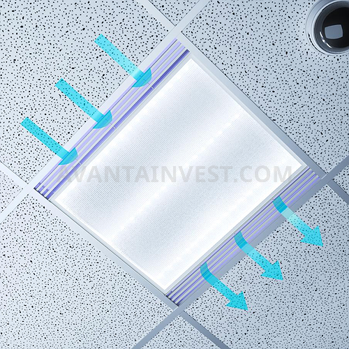Bactericidal air recirculator with 2 lamps integrated in LED illuminator