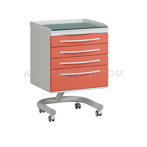 Mobile doctor's table with 4 drawers. The table top is made of impact-resistant ABS plastic, with glass.