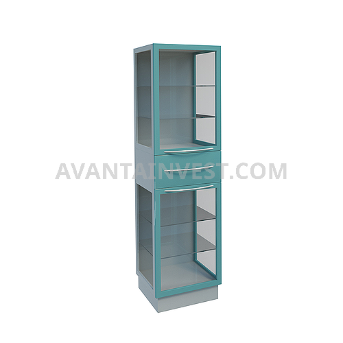 Glass medical cabinet with drawer and 4 shelves, with interior lighting