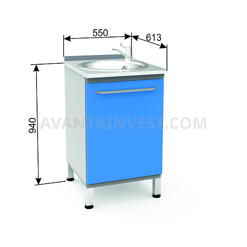 Module P-10M with sink, faucet and wastebasket, stainless steel desktop
