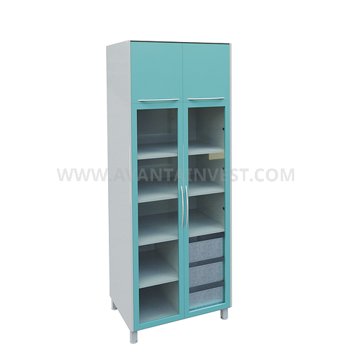 A-105C Glass locker with 2 glass doors, mezzanine, 3 drawers and shelves