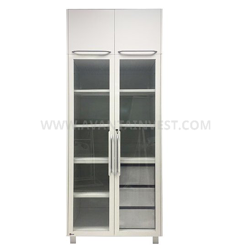 A-105C Glass locker with 2 glass doors, mezzanine, 3 drawers and shelves