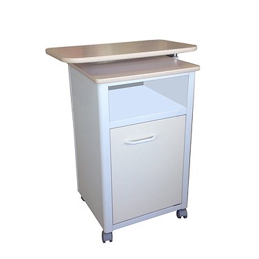 Medical bedside metallic cabinet with door and drawer (front faces and tabletop made of laminated chipboard), with turntable (adjustable in height)
