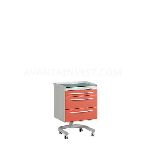 Mobile doctor's table with 3 drawers. The table top is made of impact-resistant ABS plastic, with glass.