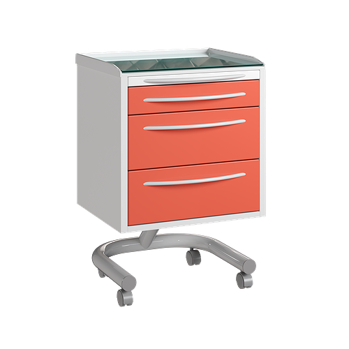 Mobile doctor's table with 3 drawers. The table top is made of impact-resistant ABS plastic, with glass.
