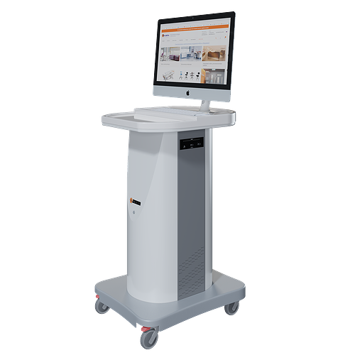 Mobile stand desk for computer with 3 glass shelves, monitor rotating stand (4 sockets)