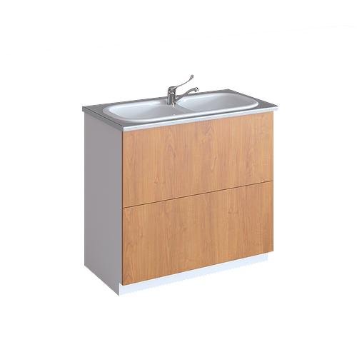 Cabinet with double sink made of acrylic, mixer tap, waste basket