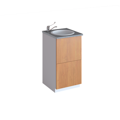 Cabinet with acrylic sink, mixer tap and waste basket