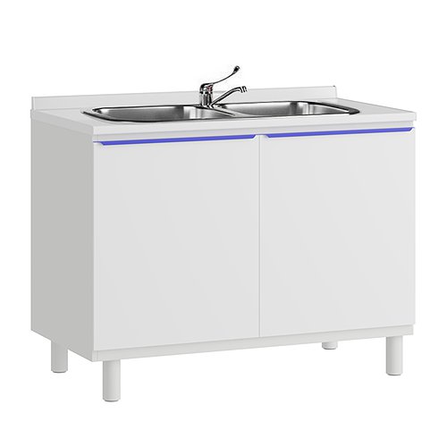 Медицинская тумба со столешницей, двойной мойкой из нержавеющей стали, смесителем, корзиной для мусора и полкой