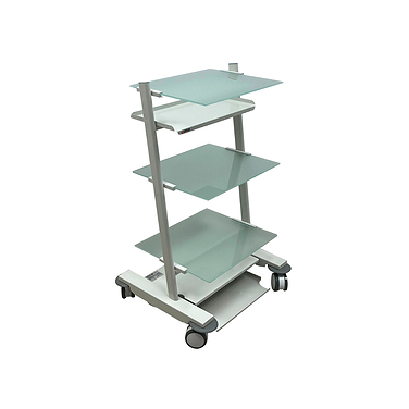 Медицинская стойка мобильная для дополнительного оборудования с 3 стеклянными полками, 2 розетками и подставкой под педаль.
