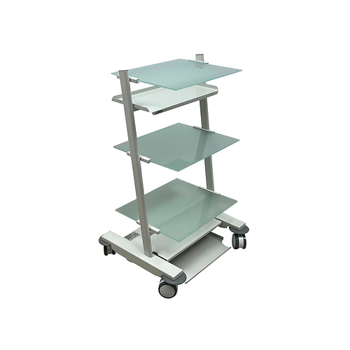 Медицинская стойка мобильная для дополнительного оборудования с 3 стеклянными полками, 2 розетками и подставкой под педаль.