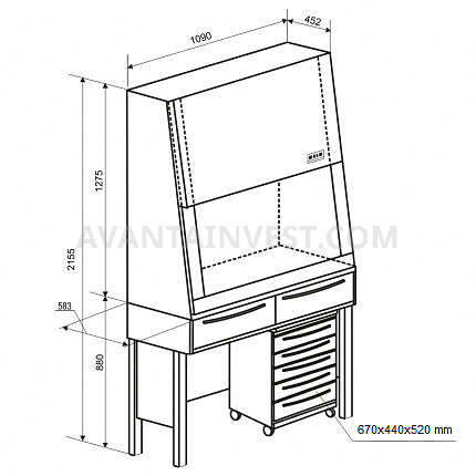 Laminar flow unit SHK10 with air-filtering system, lifting front panel, 2 boxes and movable drawer